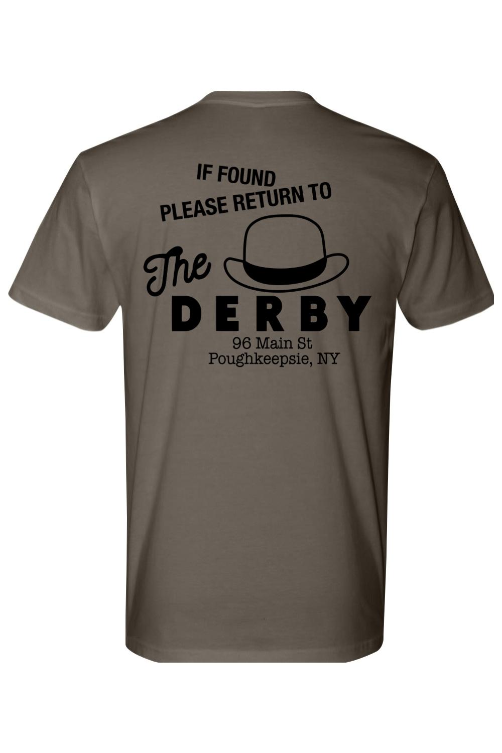 Brown cotton crewneck t-shirt featuring a black The Derby logo and address graphic on the back.