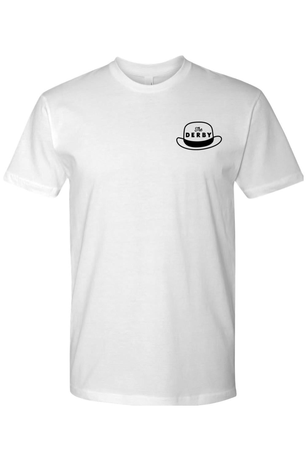 White fitted crewneck t-shirt in 100% cotton featuring a small black Derby hat logo on the left chest.