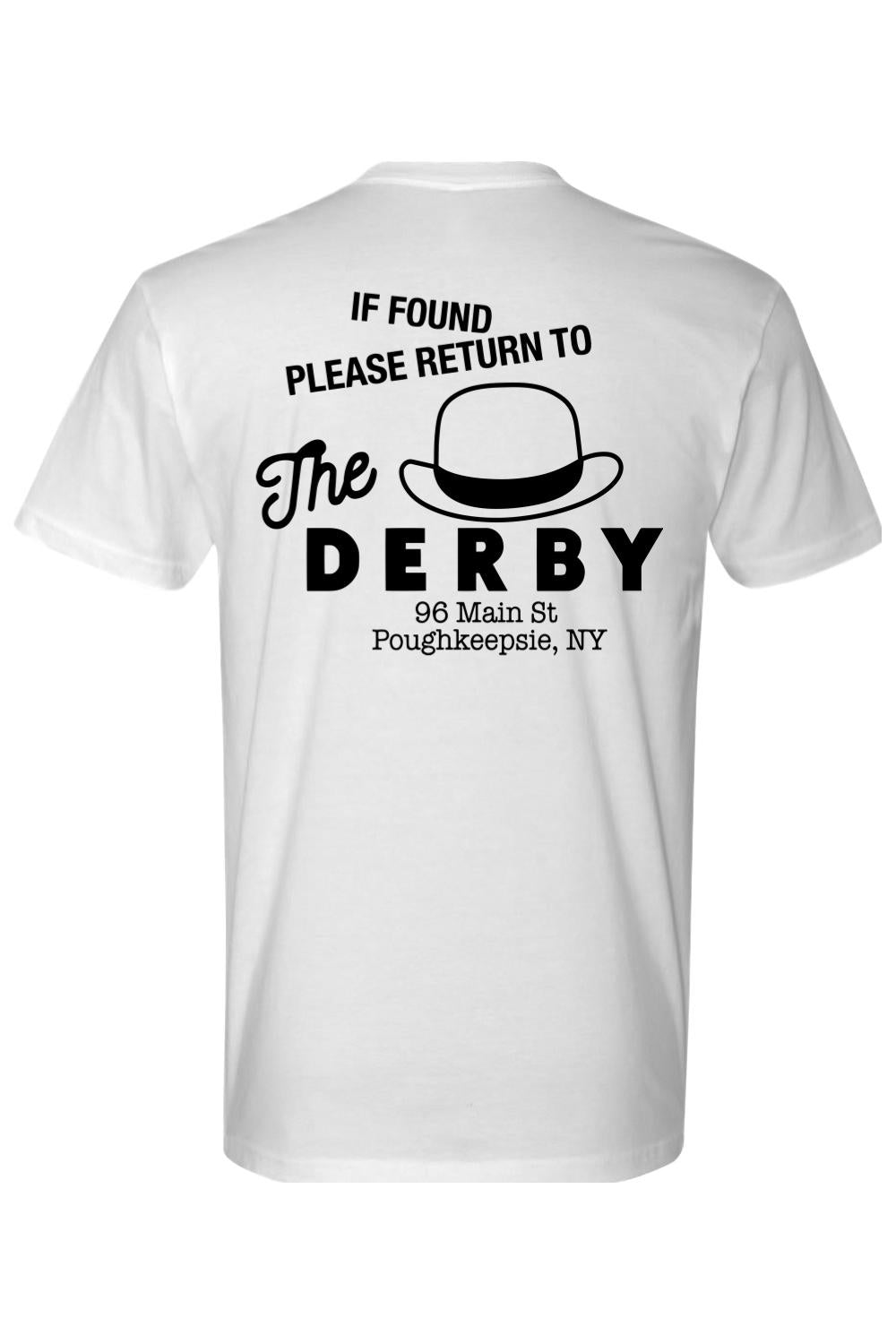 White cotton crewneck t-shirt featuring a black Please Return to The Derby graphic with a derby hat icon on the back.