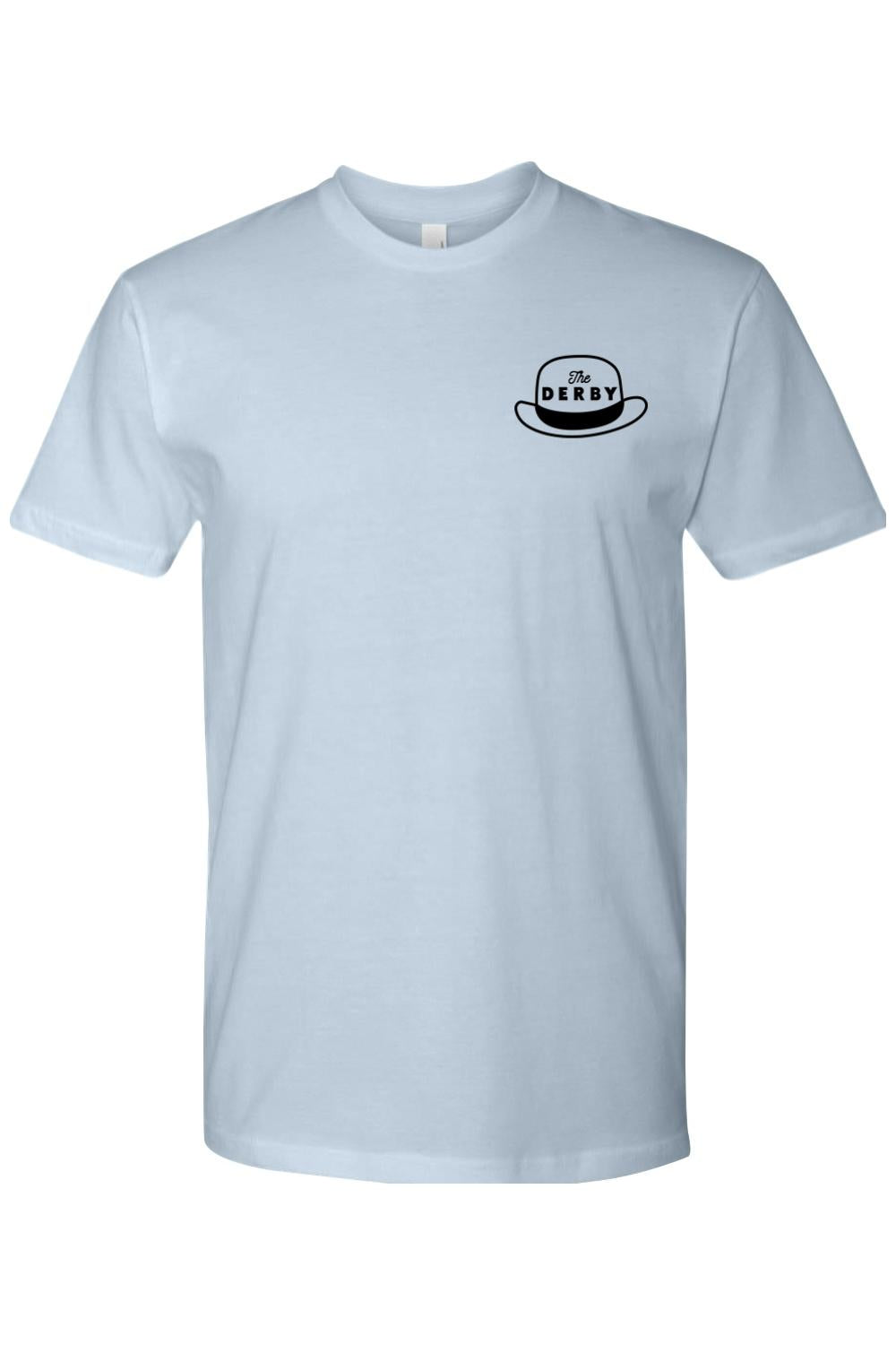 Light blue fitted men's crewneck t-shirt in soft cotton featuring a small black Derby hat logo on the chest.