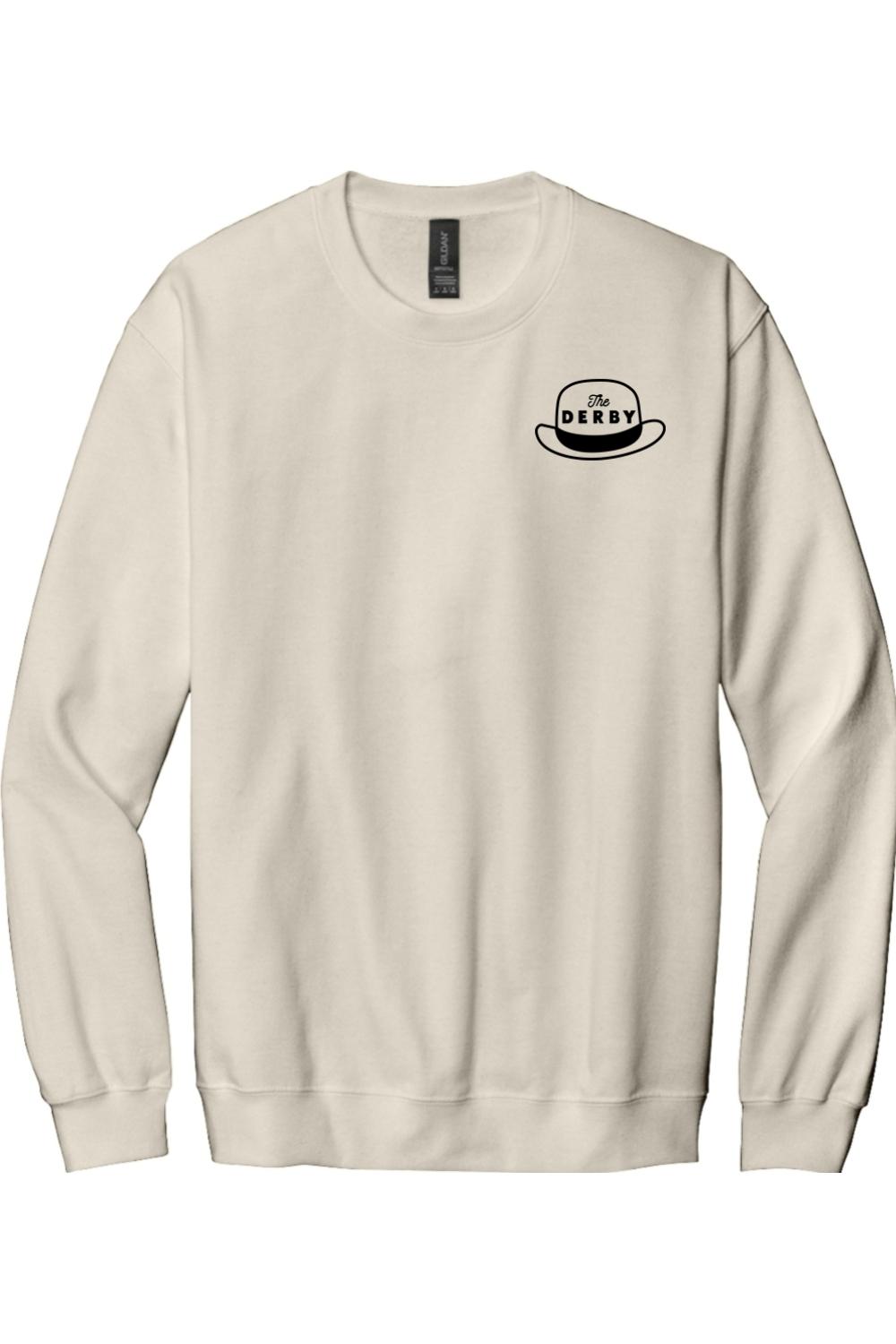Cream-colored long sleeve cotton tee featuring a black bowler hat logo with The Derby text on the chest.
