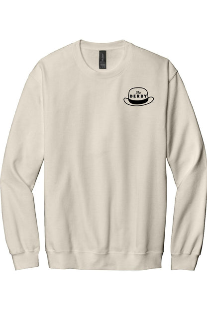 Cream-colored long sleeve cotton tee featuring a black bowler hat logo with The Derby text on the chest.