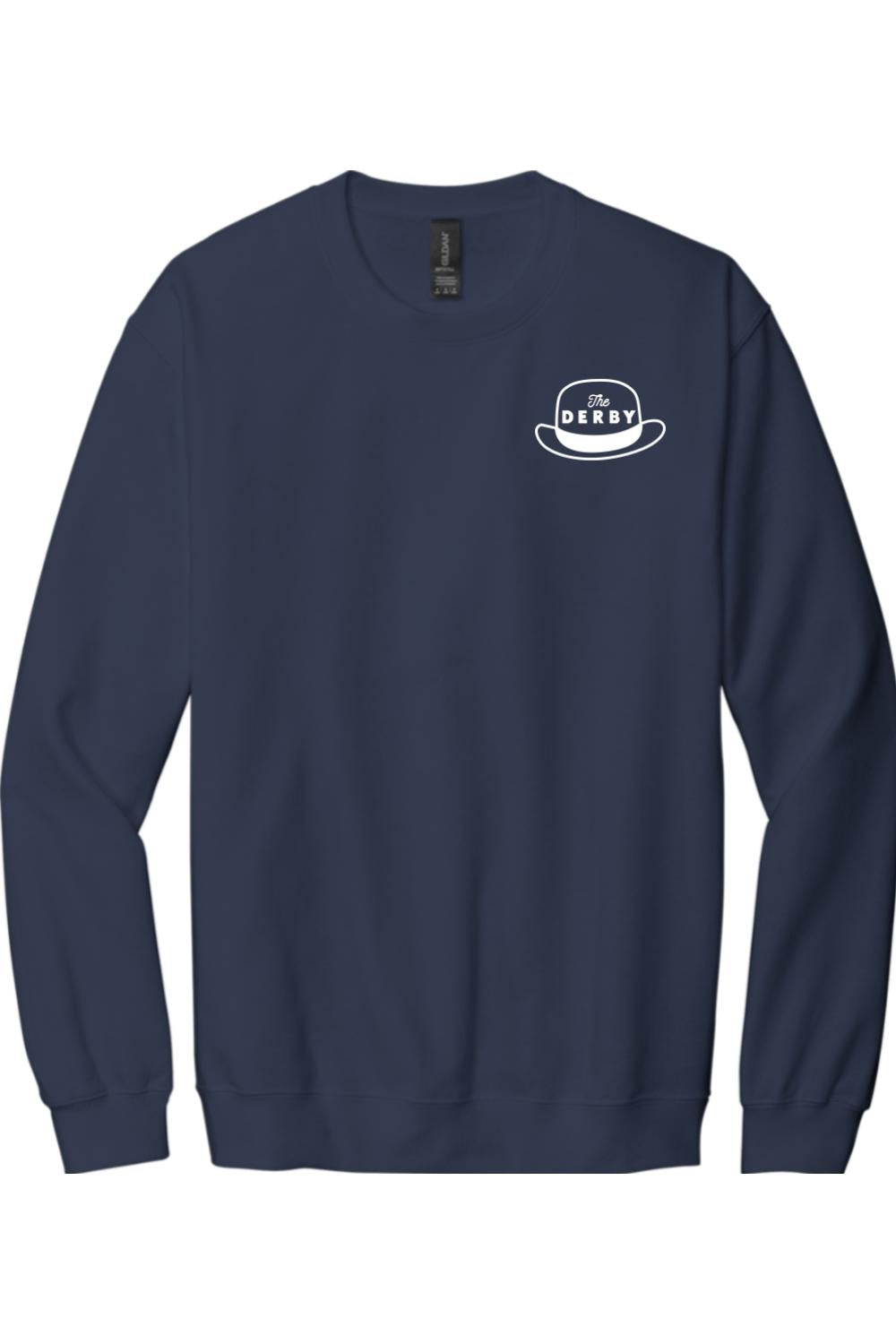 Navy blue long sleeve cotton tee featuring a white The Derby bowler hat logo on the left chest.