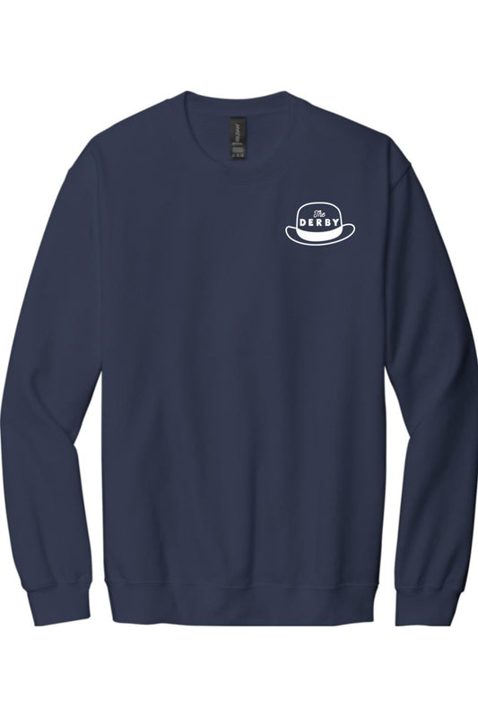 Navy blue long sleeve cotton tee featuring a white The Derby bowler hat logo on the left chest.