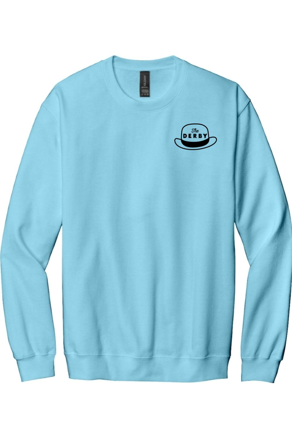 Light blue long sleeve cotton tee with a black bowler hat logo and The Derby text on the left chest.