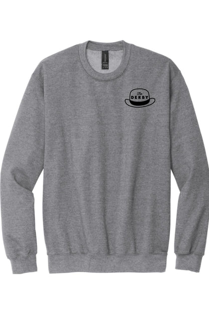 Grey long-sleeve crewneck sweatshirt featuring a black The Derby hat logo on the left chest.