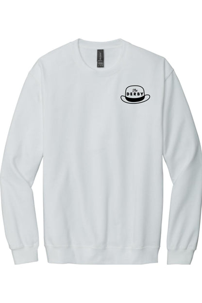 White long-sleeve cotton crewneck tee with a black Derby hat logo graphic on the left chest.