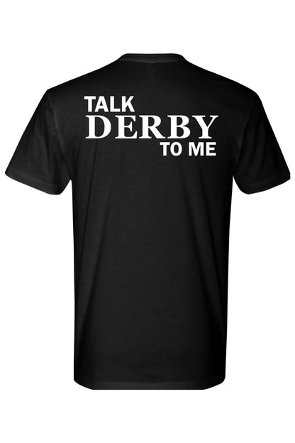 Black fitted crewneck t-shirt in 100% cotton featuring white Talk Derby To Me text on the back.