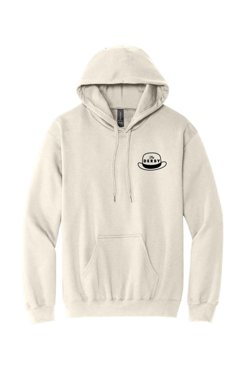 Sand-colored midweight hoodie with a drawstring hood, front kangaroo pocket, and a black Derby hat logo on the chest.