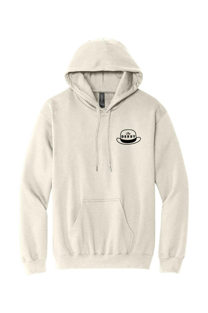 Sand-colored midweight hoodie with a drawstring hood, front kangaroo pocket, and a black Derby hat logo on the chest.