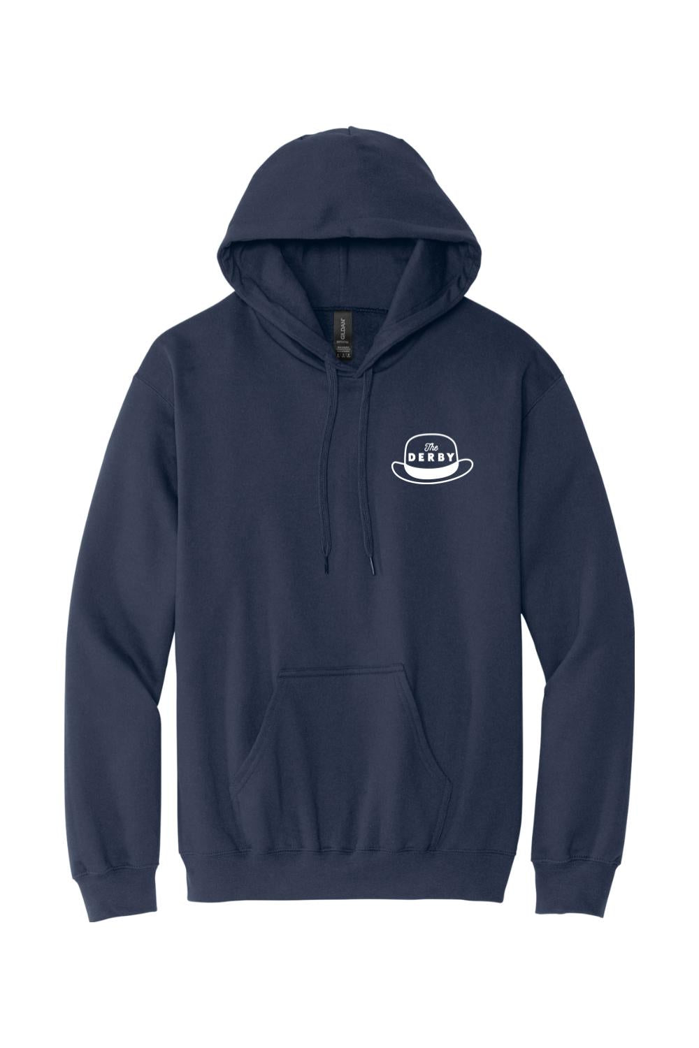 Navy blue midweight pullover hoodie with a white The Derby hat logo on the left chest and a front kangaroo pocket.