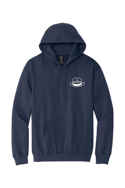 Navy blue midweight pullover hoodie with a white The Derby hat logo on the left chest and a front kangaroo pocket.