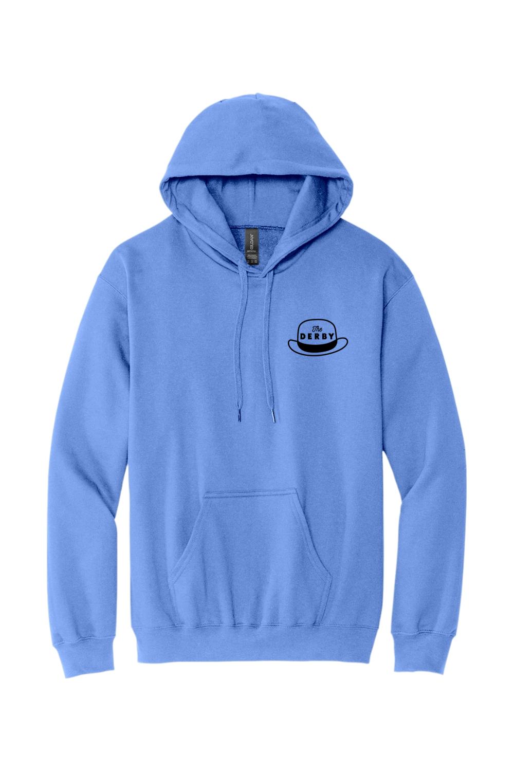 Cornflower blue midweight pullover hoodie with a front kangaroo pocket and a black Derby hat logo on the chest.