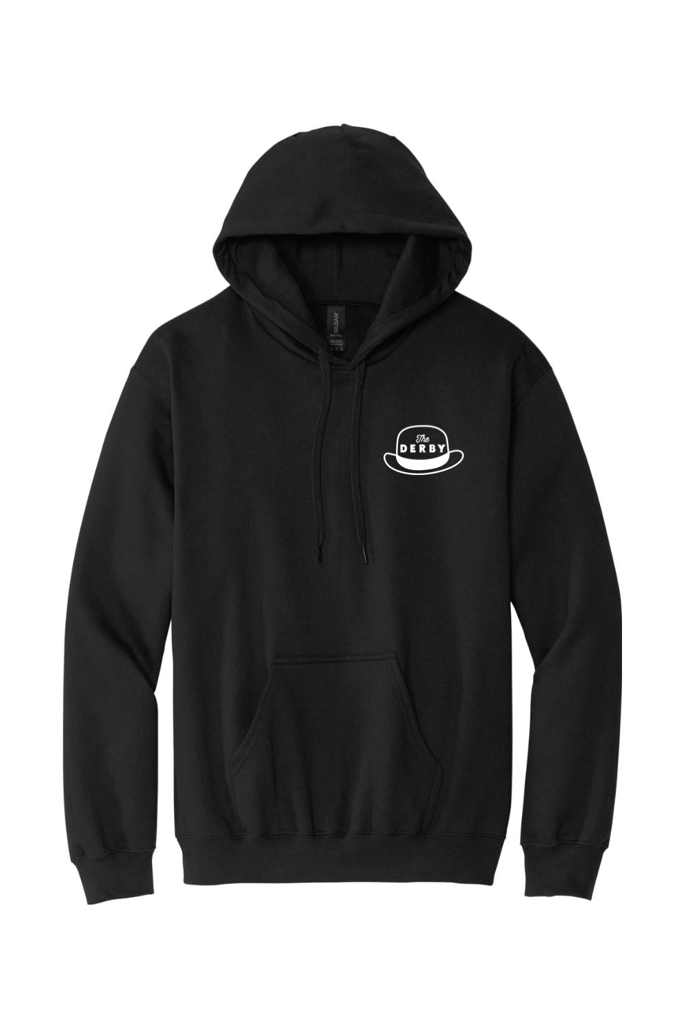 Black midweight pullover hoodie featuring a white The Derby hat logo on the chest and a front kangaroo pocket.