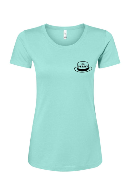 Light turquoise women's crew neck tee with a black Derby hat logo on the chest, made from soft cotton-poly blend.