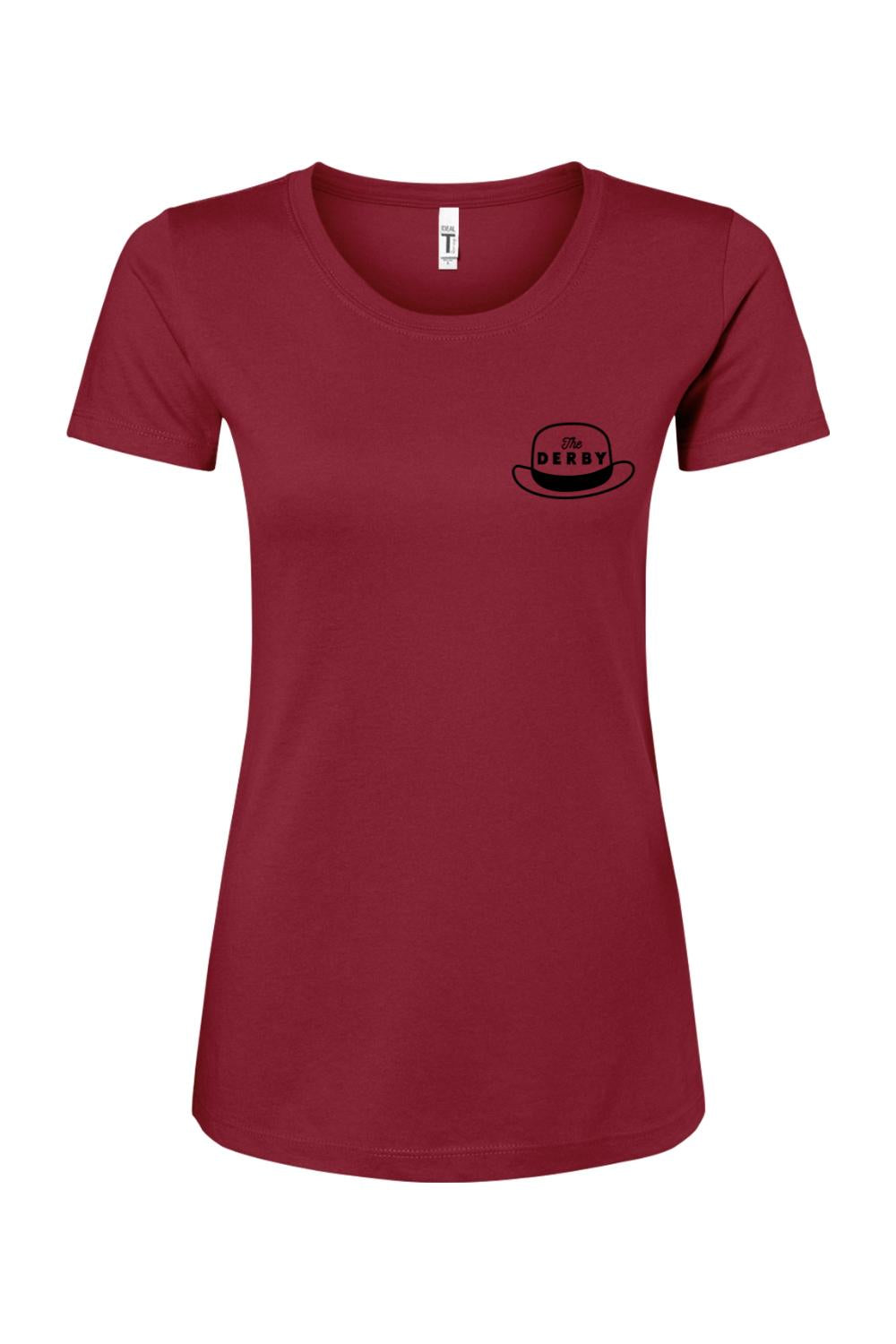 Burgundy women's relaxed fit crewneck tee featuring a black The Derby hat logo on the left chest.