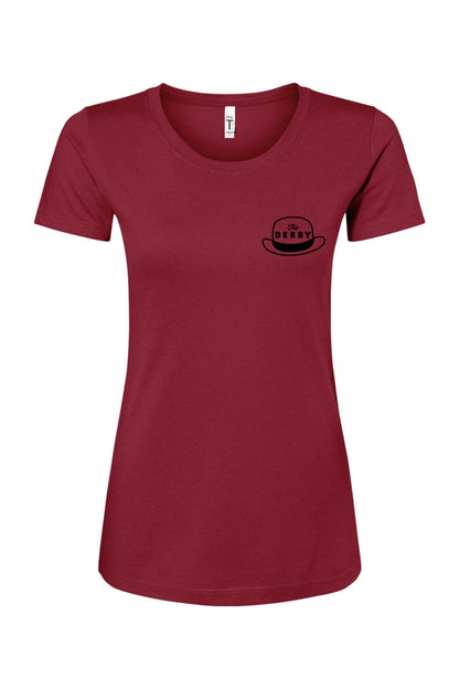 Burgundy women's relaxed fit crewneck tee featuring a black The Derby hat logo on the left chest.