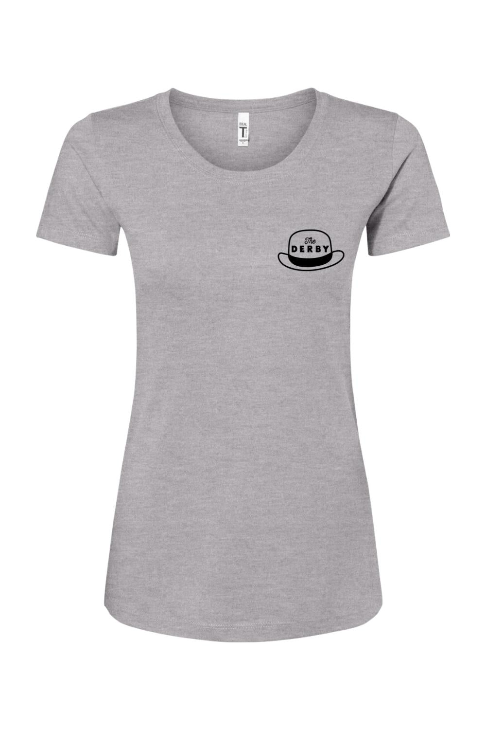 Heather grey women's crewneck tee featuring a small black derby hat logo on the left chest.