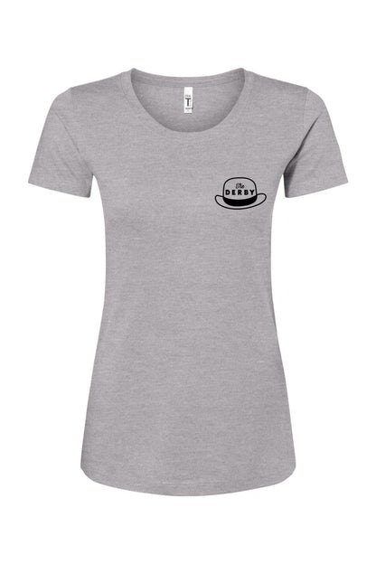 Heather grey women's crewneck tee featuring a small black derby hat logo on the left chest.