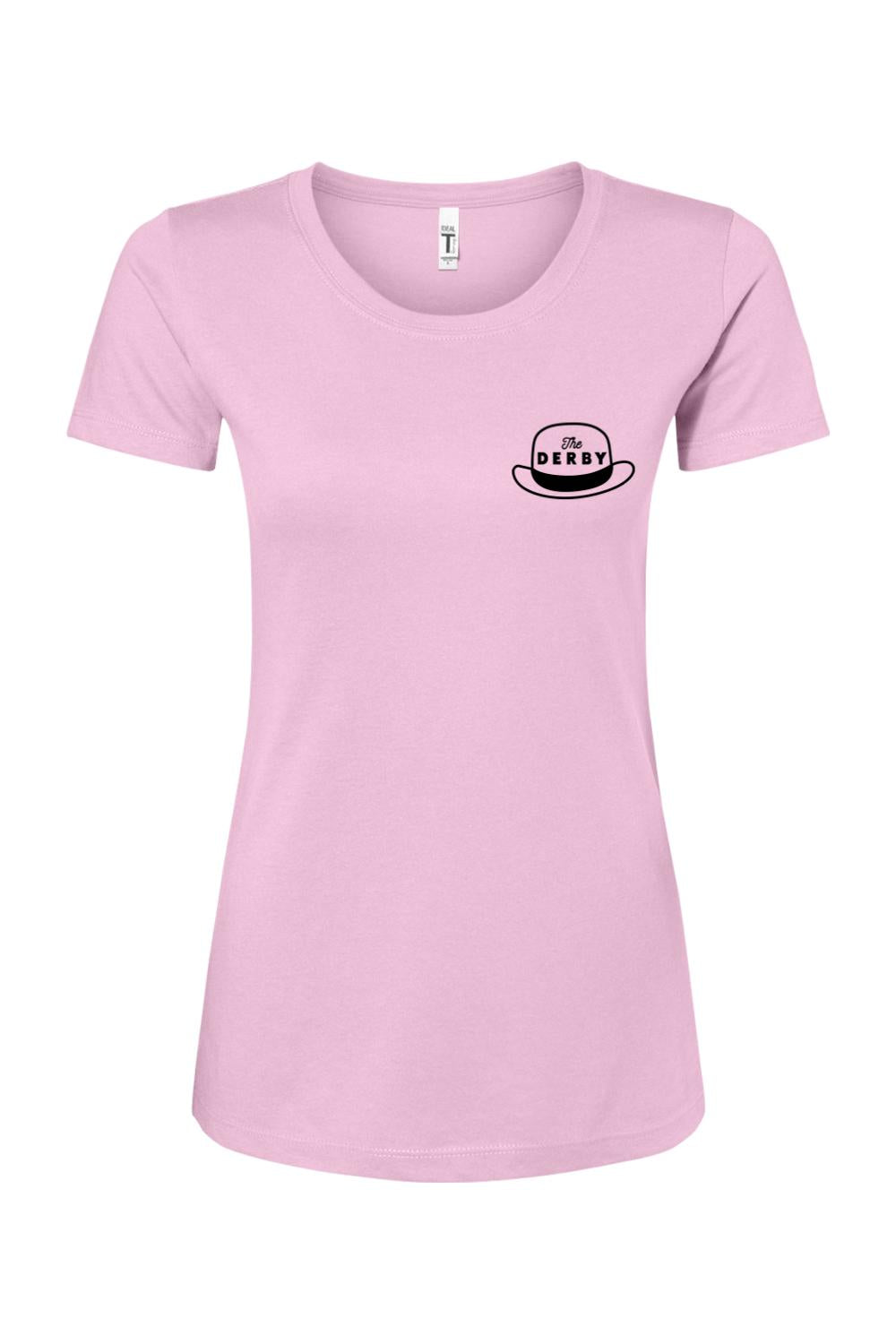Light pink women’s relaxed-fit tee with a black bowler hat logo featuring The Derby text on the chest.