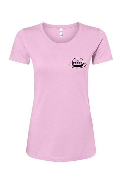 Light pink women’s relaxed-fit tee with a black bowler hat logo featuring The Derby text on the chest.