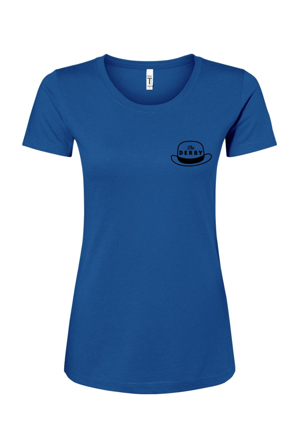 Royal blue women's crew neck tee with a black derby hat logo on the chest, made from soft cotton-polyester blend.