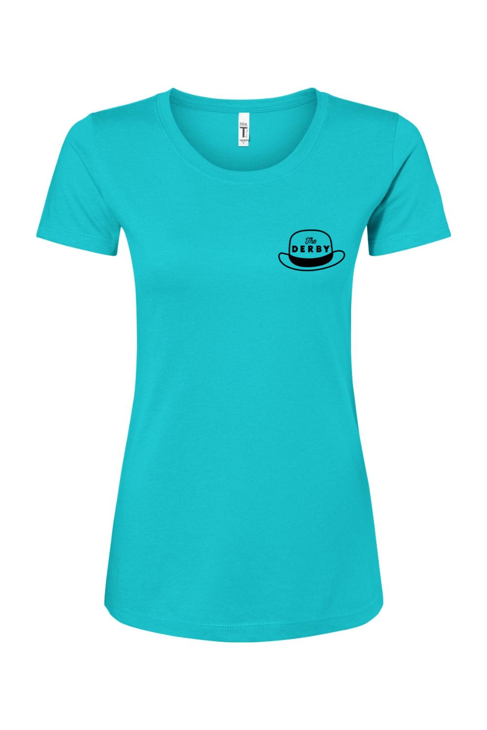 Relaxed-fit turquoise women's tee in soft cotton-poly blend with a black Derby hat logo on the chest.
