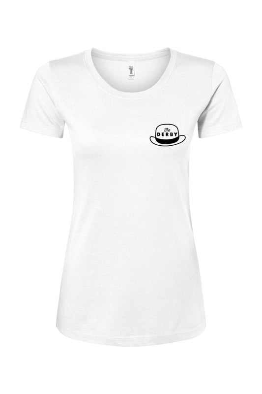 White women’s crewneck tee with a relaxed fit and a small black Derby hat logo on the left chest.