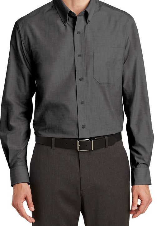 Men's charcoal grey crosshatch button-down shirt with a chest pocket and pearlized smoke buttons.