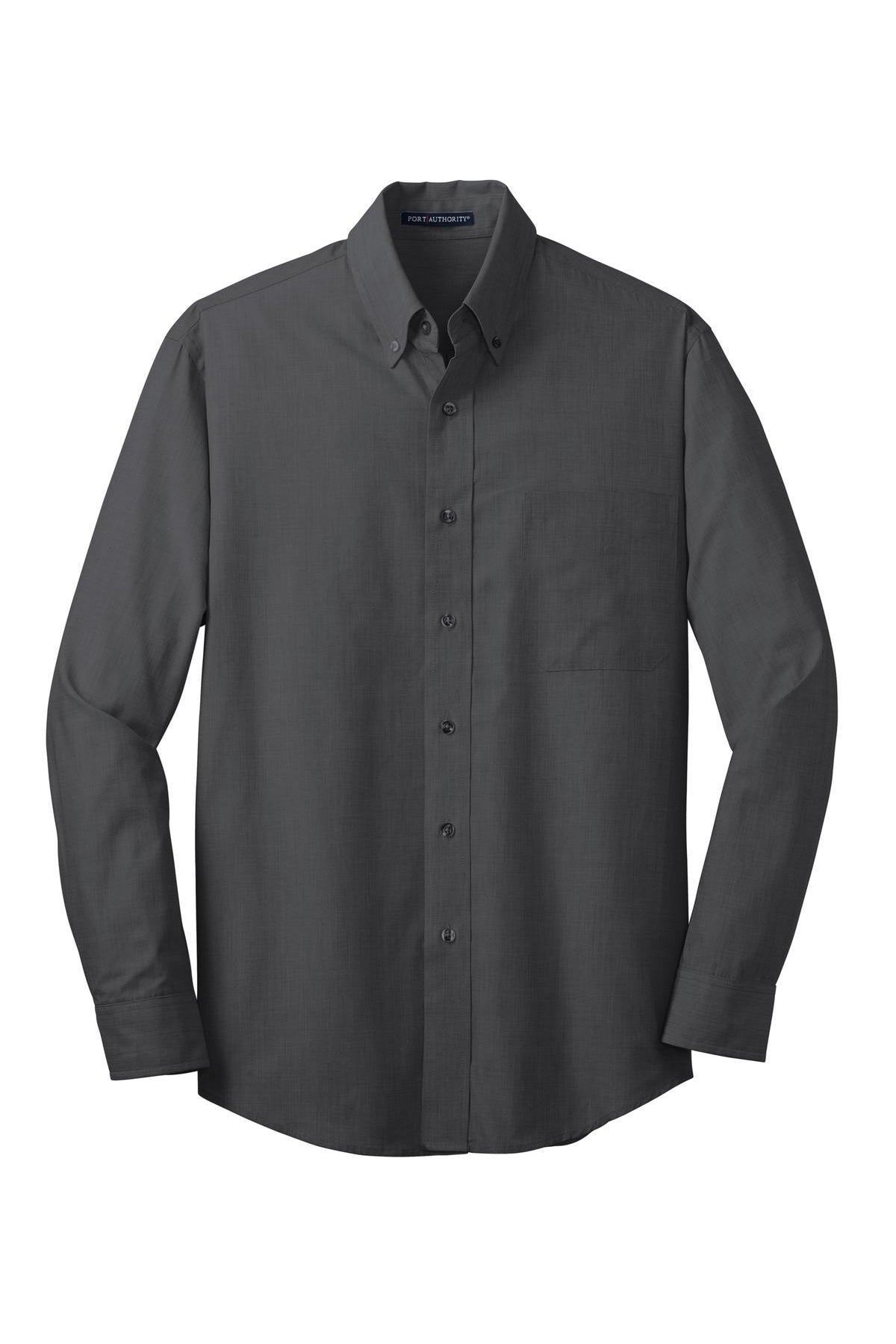 Dark grey crosshatch long-sleeve button-down shirt with a chest pocket and pearlized smoke buttons.