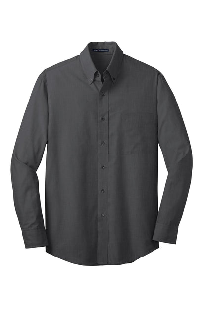 Dark grey crosshatch long-sleeve button-down shirt with a chest pocket and pearlized smoke buttons.