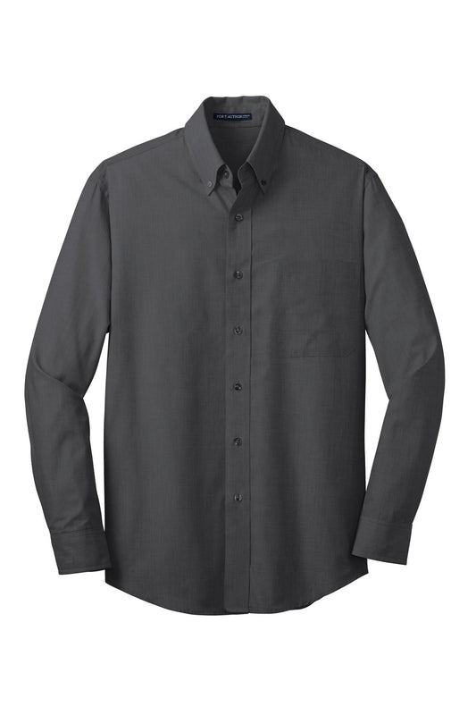 Dark grey crosshatch long-sleeve button-down shirt with a chest pocket and pearlized smoke buttons.