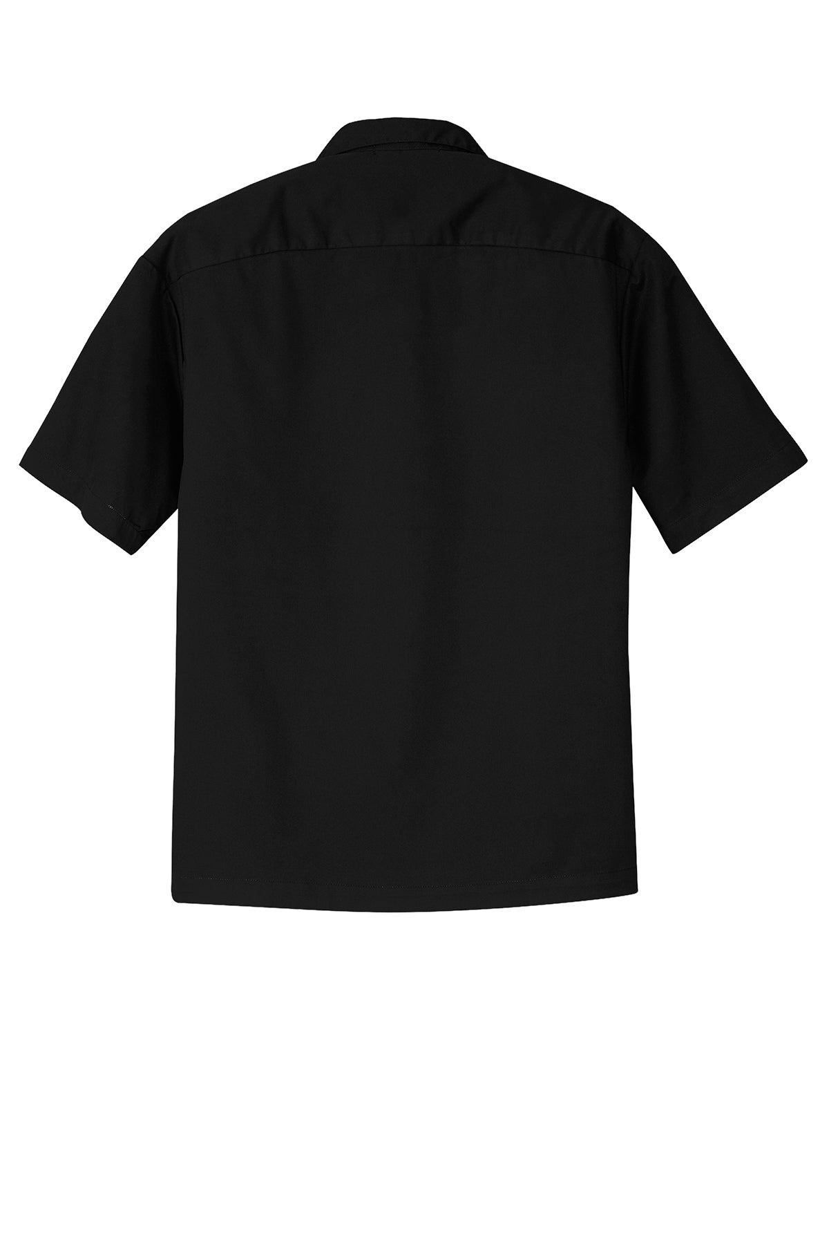 Back view of a black cotton-poly blend retro camp shirt with short sleeves and a straight hem.