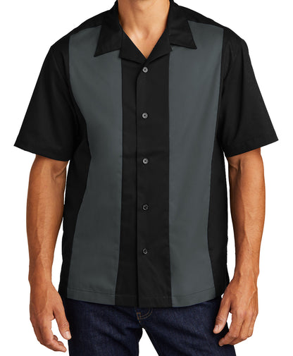 Black and grey retro camp shirt with a button-down front, short sleeves, and a classic collar design.