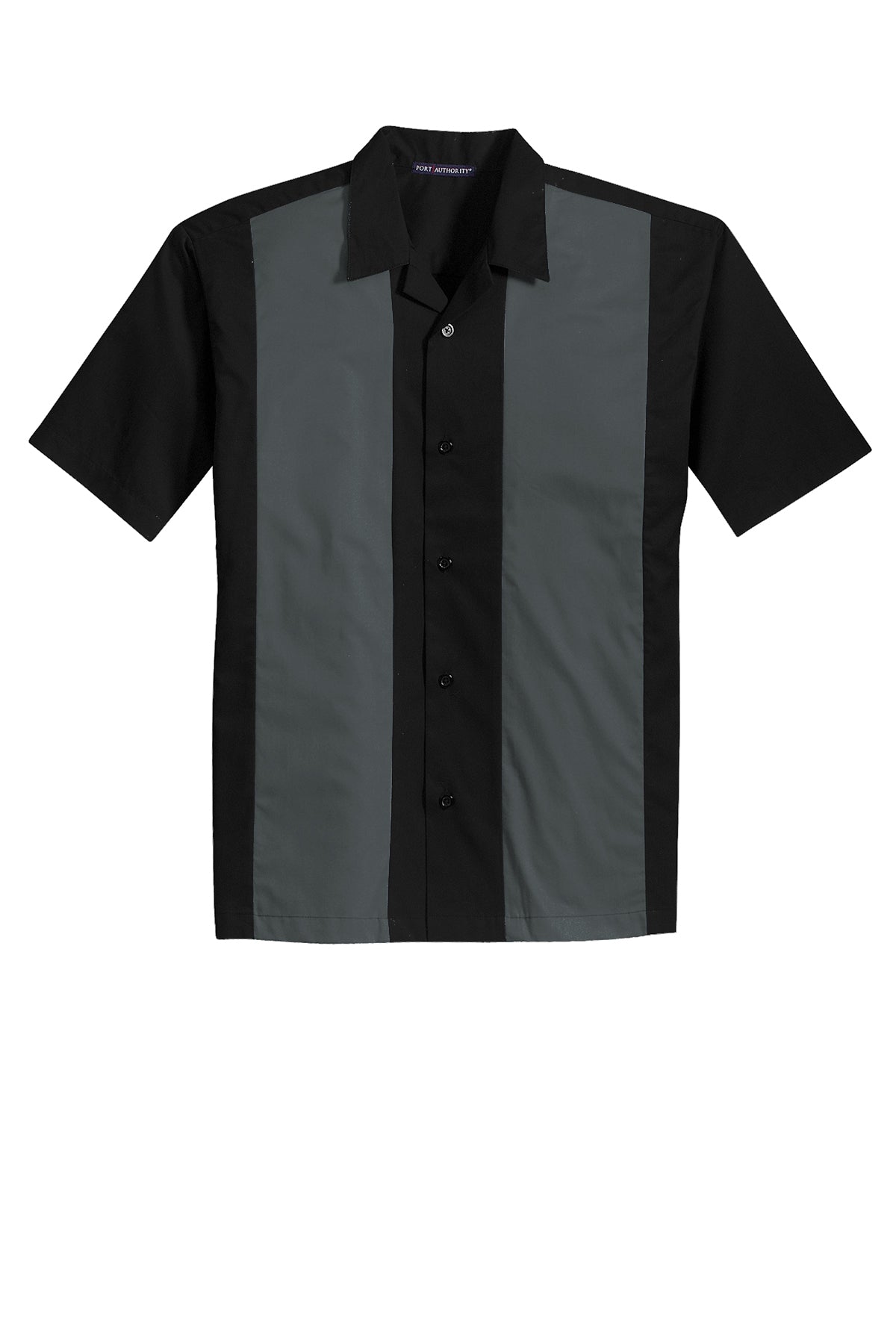 Black and grey retro camp shirt with a classic collar, short sleeves, and a button-down front in a cotton-poly blend.