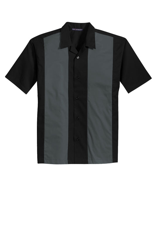 Black and grey retro camp shirt with a classic collar, short sleeves, and a button-down front in a cotton-poly blend.
