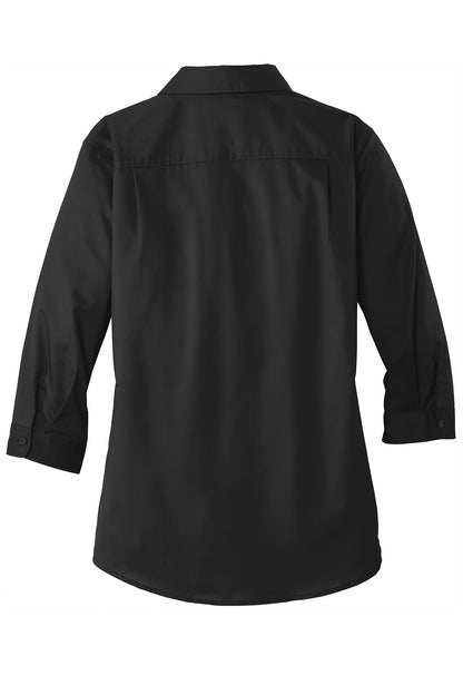 Back view of a black women's 3/4-sleeve cotton-poly twill shirt featuring back shoulder pleats and buttoned cuffs.