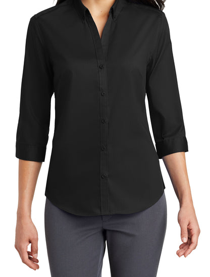 Black women's 3/4-sleeve cotton-poly twill shirt with a button-down collar and matching buttons.