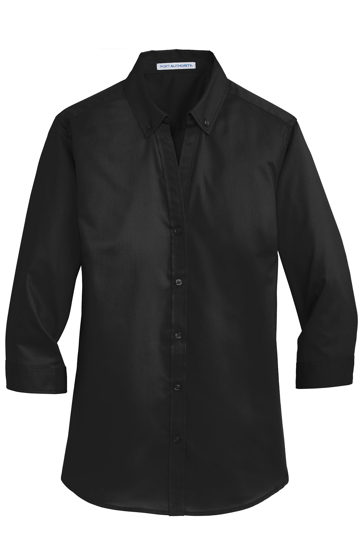 Black women's 3/4-sleeve twill shirt with a button-down collar, open neckline, and matching buttons.