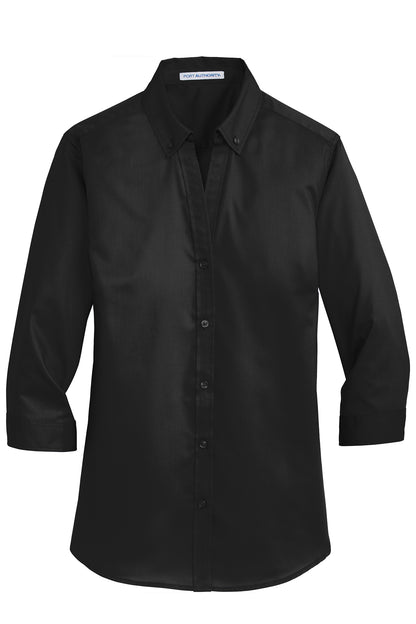 Black women's 3/4-sleeve twill shirt with a button-down collar, open neckline, and matching buttons.