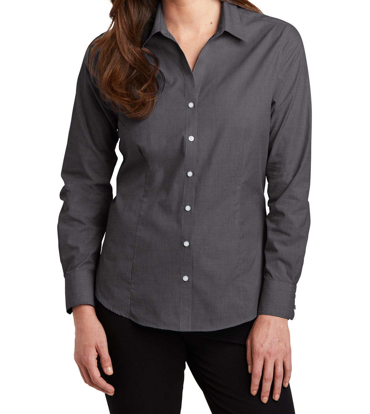 Women's charcoal crosshatch long-sleeve shirt with an open collar, front darts, and pearlized smoke buttons.
