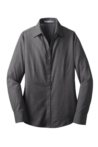 Dark grey women's crosshatch long-sleeve shirt with an open collar, front darts, and pearlized smoke buttons.