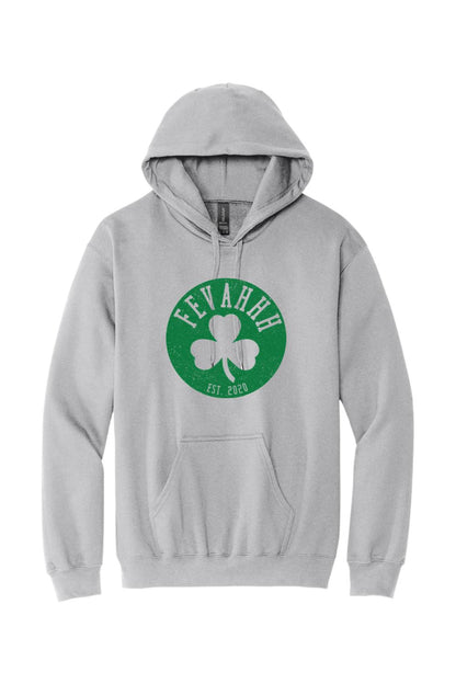 Grey men's pullover hoodie featuring a green circular Fevahhh clover logo with EST 2020 text on the chest.