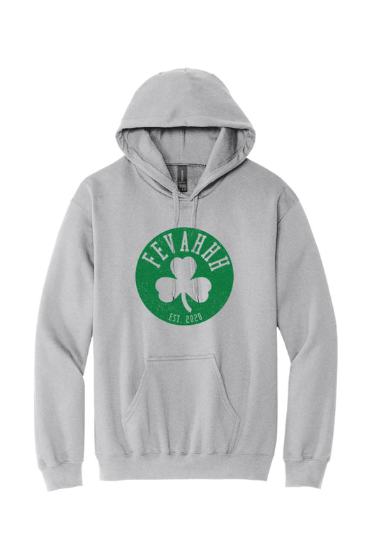 Grey men's pullover hoodie featuring a green circular Fevahhh clover logo with EST 2020 text on the chest.