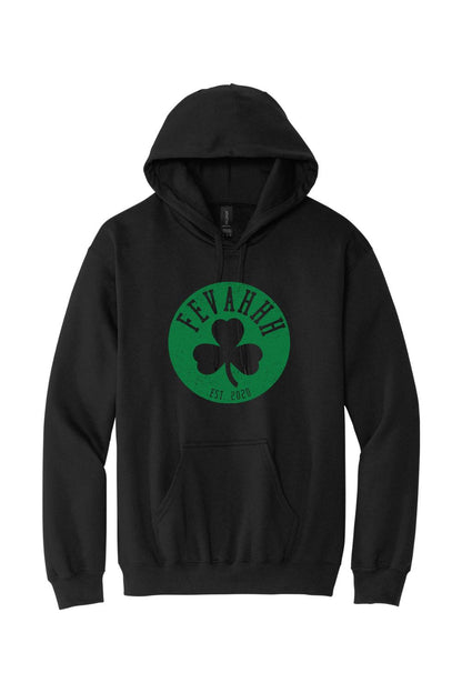 Black men's pullover hoodie featuring a green circular Fevahhh clover logo with Est. 2020 text on the chest.
