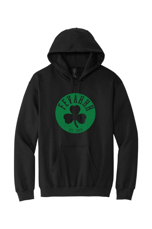 Black men's pullover hoodie featuring a green circular Fevahhh clover logo with Est. 2020 text on the chest.