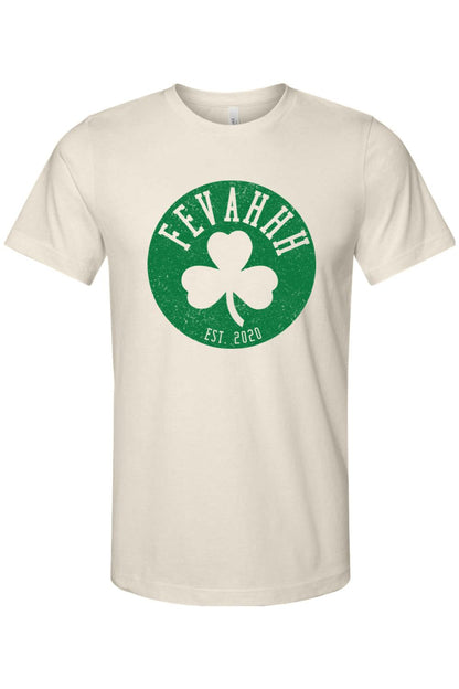 Cream-colored cotton t-shirt featuring a green circular Boston Clover graphic with Fevahhh text and Est. 2020.