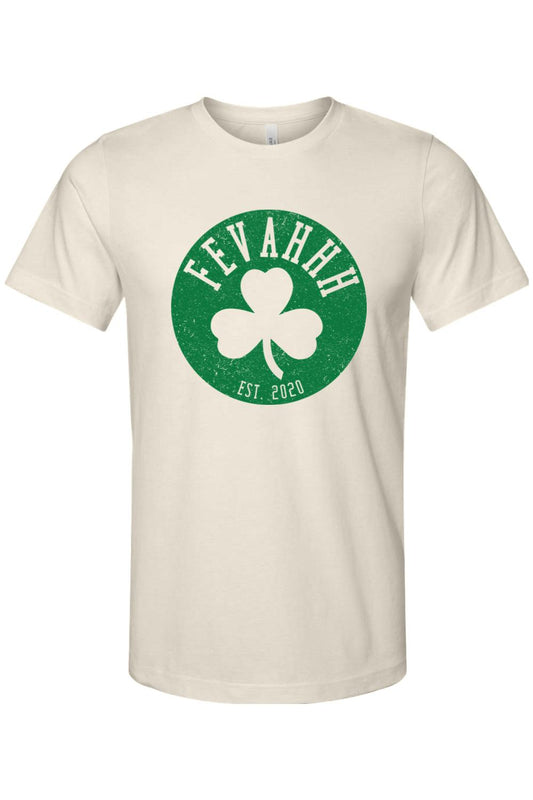 Cream-colored cotton t-shirt featuring a green circular Boston Clover graphic with Fevahhh text and Est. 2020.