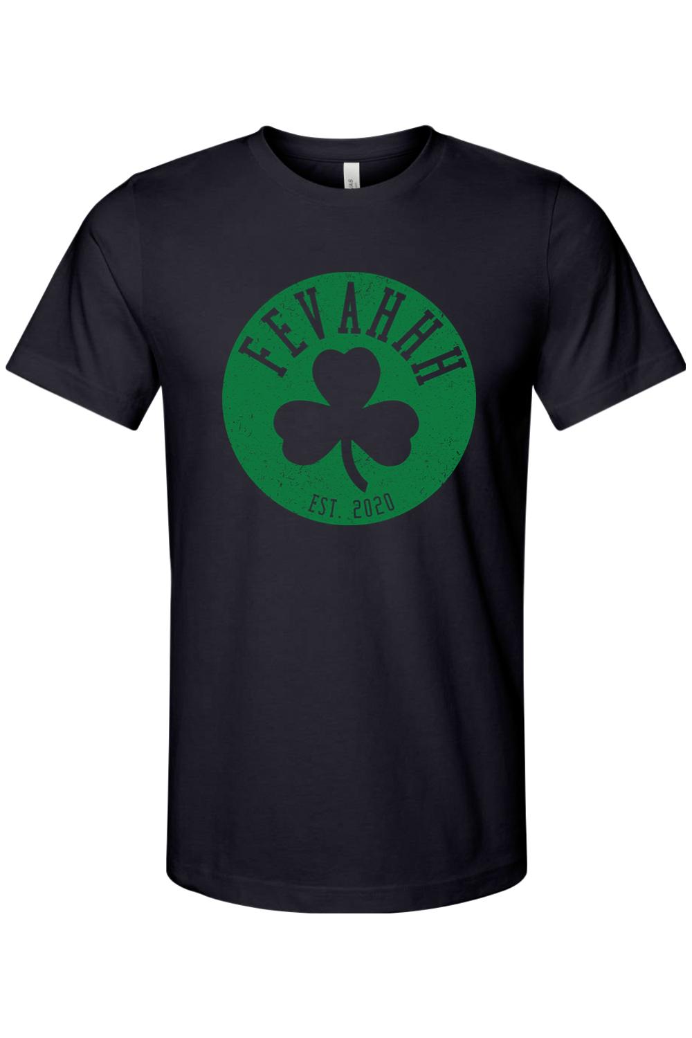 Black cotton t-shirt featuring a distressed green circular Boston Clover logo with Fevahhh text and Est. 2020.