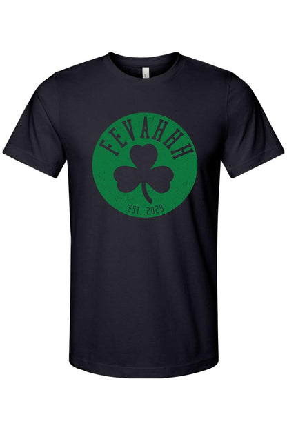 Black cotton t-shirt featuring a distressed green circular Boston Clover logo with Fevahhh text and Est. 2020.